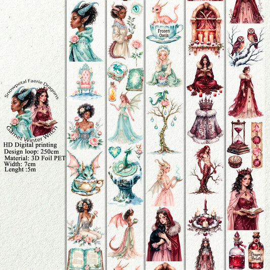 Snowpetal Faerie Dragons and Garnet Winter Witch 3D PET Foil Washi Tape
