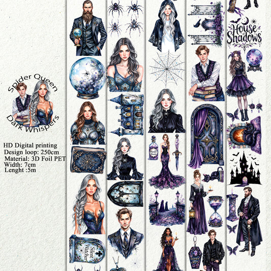 PET 3D raised Spider Queen and Dark Whispers tape,one roll fashion, junk journal, scrapbooking,bullet journal, card making.