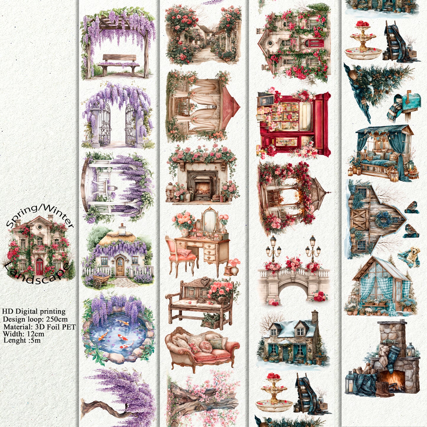 PET 3D raised Spring-Winter Landscape tape,one roll fashion, junk journal, scrapbooking,bullet journal, card making.