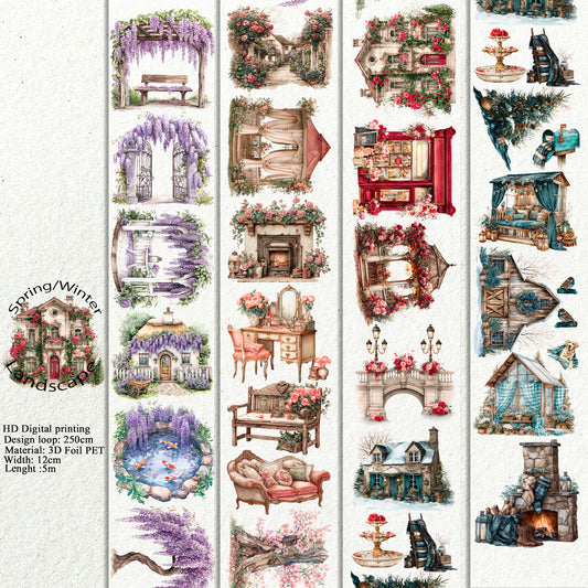 PET 3D raised Spring-Winter Landscape tape,one roll fashion, junk journal, scrapbooking,bullet journal, card making.