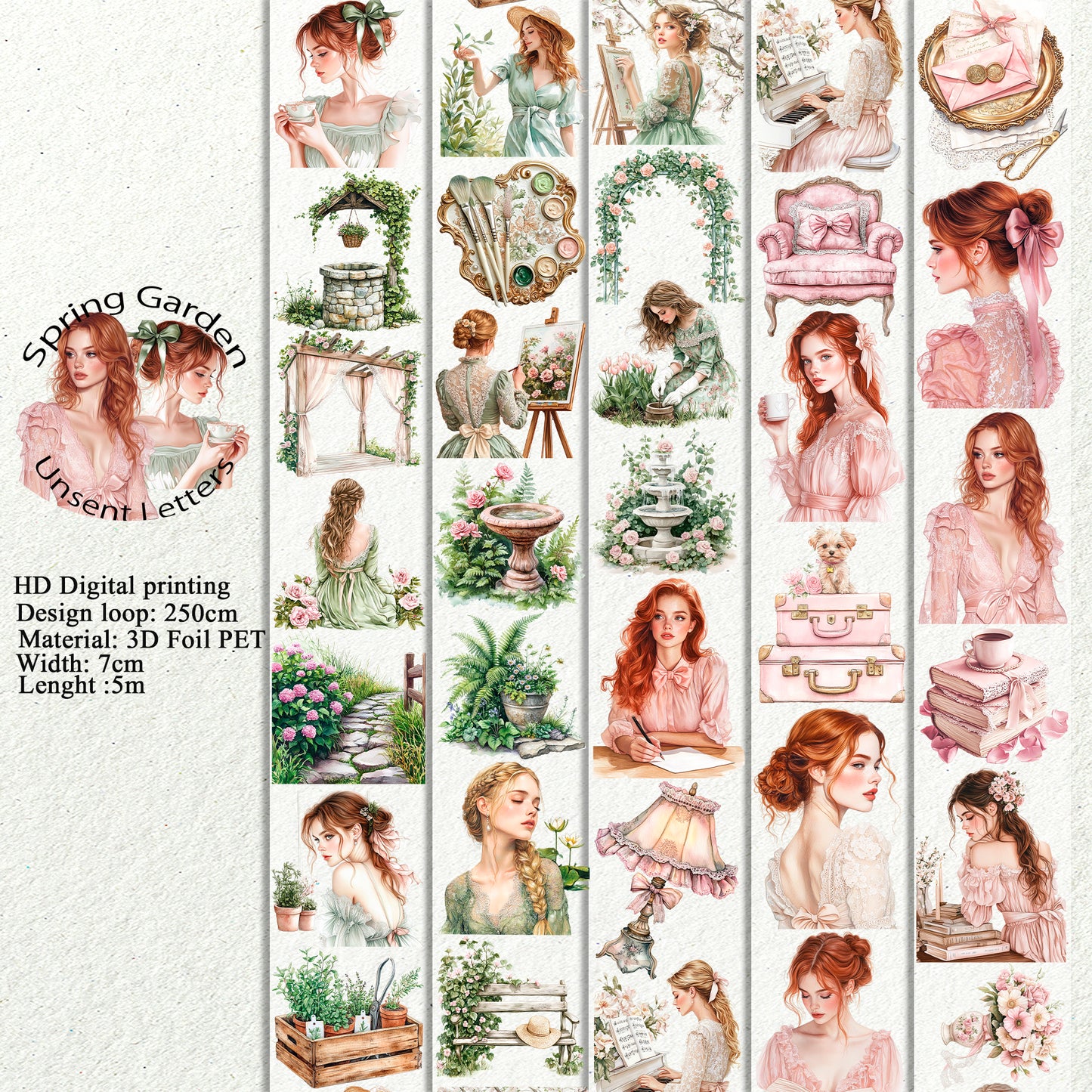 Spring Garden and Unsent Letters PET 3D raised tape,one roll fashion, junk journal, scrapbooking,bullet journal, card making.