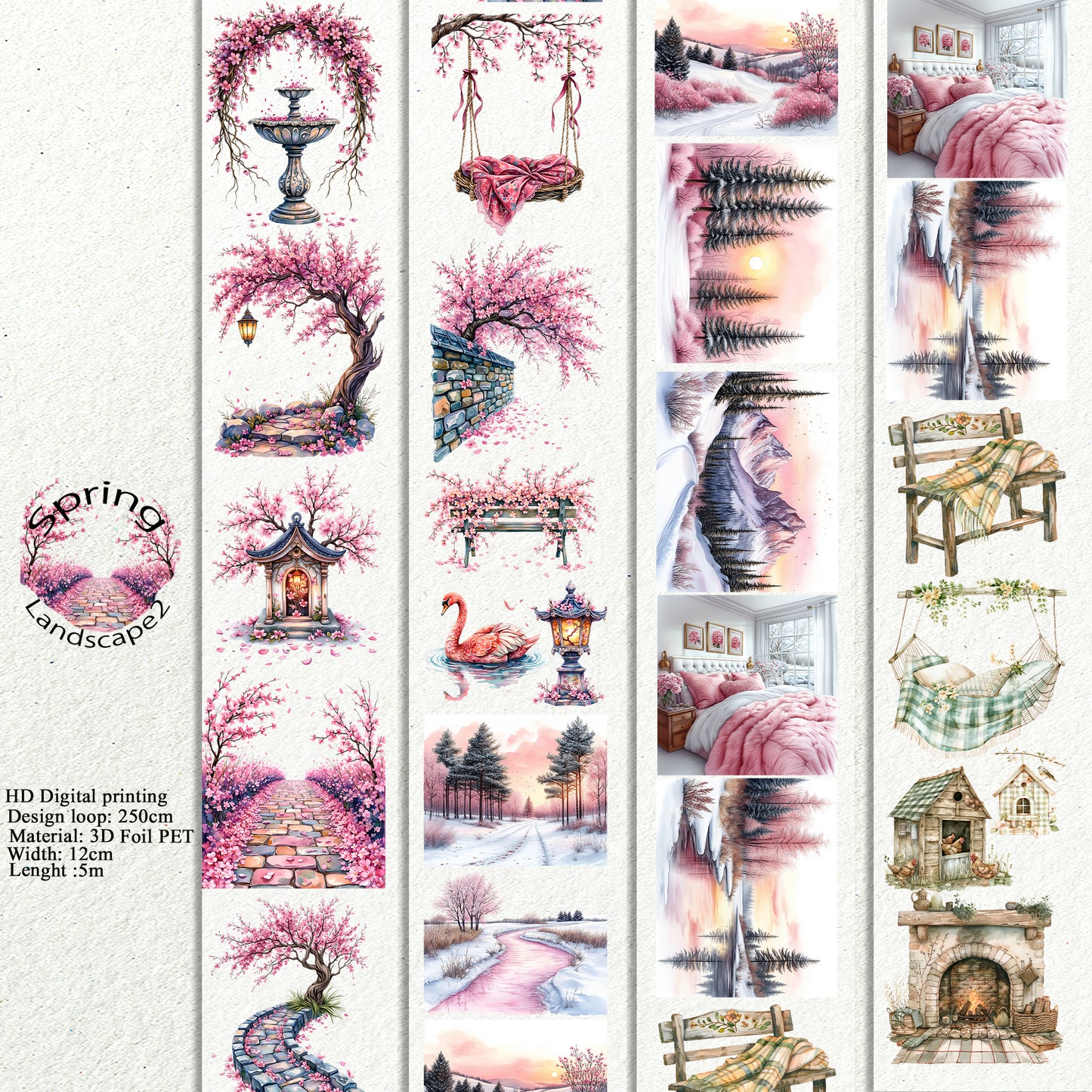 PET 3D raised Spring Landscape2 tape,one roll fashion, junk journal, scrapbooking,bullet journal, card making.