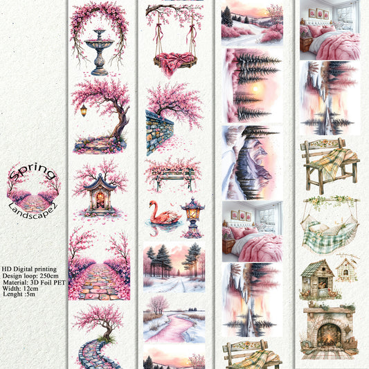 PET 3D raised Spring Landscape2 tape,one roll fashion, junk journal, scrapbooking,bullet journal, card making.