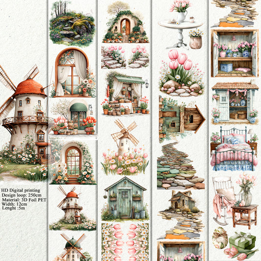 PET 3D raised Spring Landscape 3 tape,one roll fashion, junk journal, scrapbooking,bullet journal, card making.