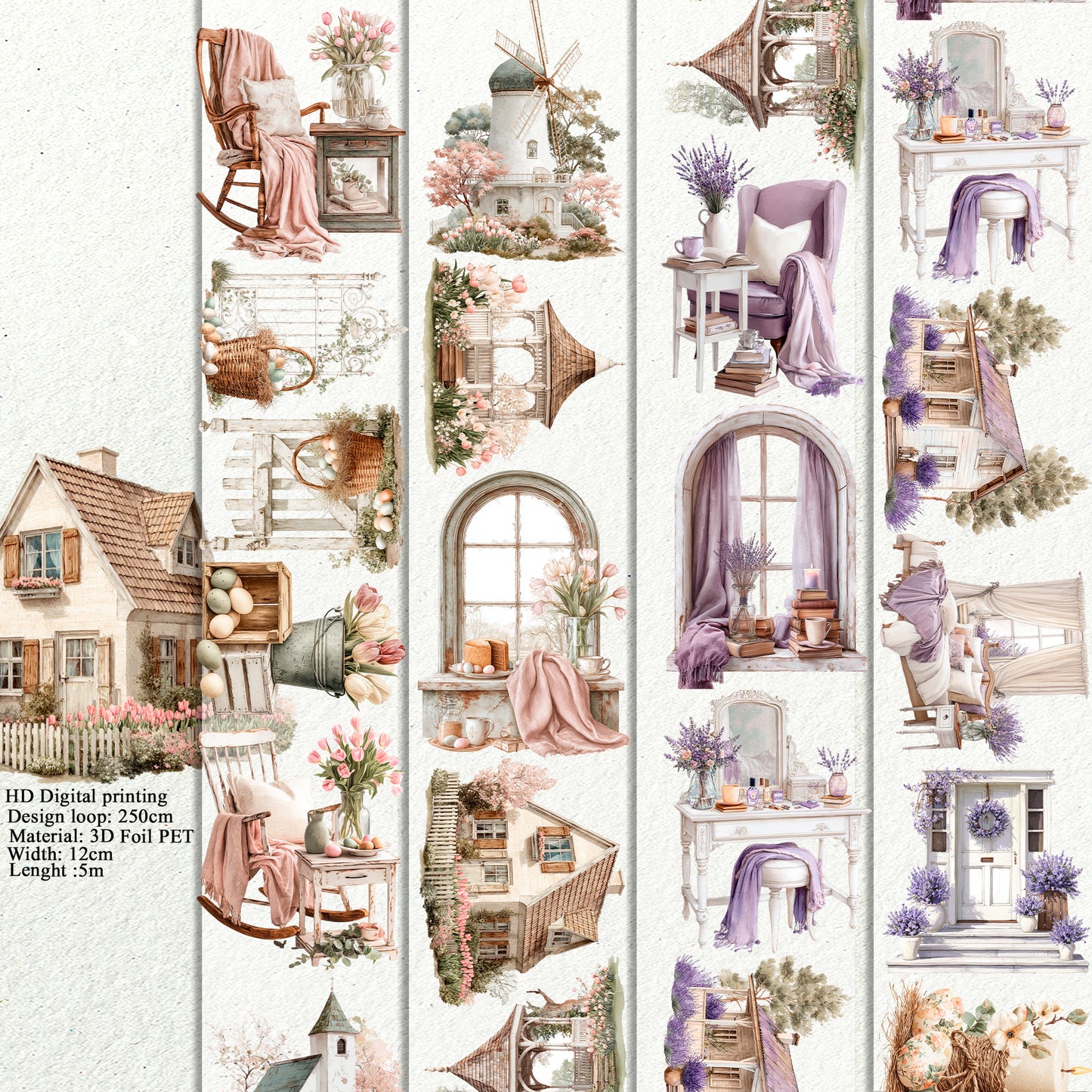 PET 3D raised Spring Landscape 4 tape,one roll fashion, junk journal, scrapbooking,bullet journal, card making.