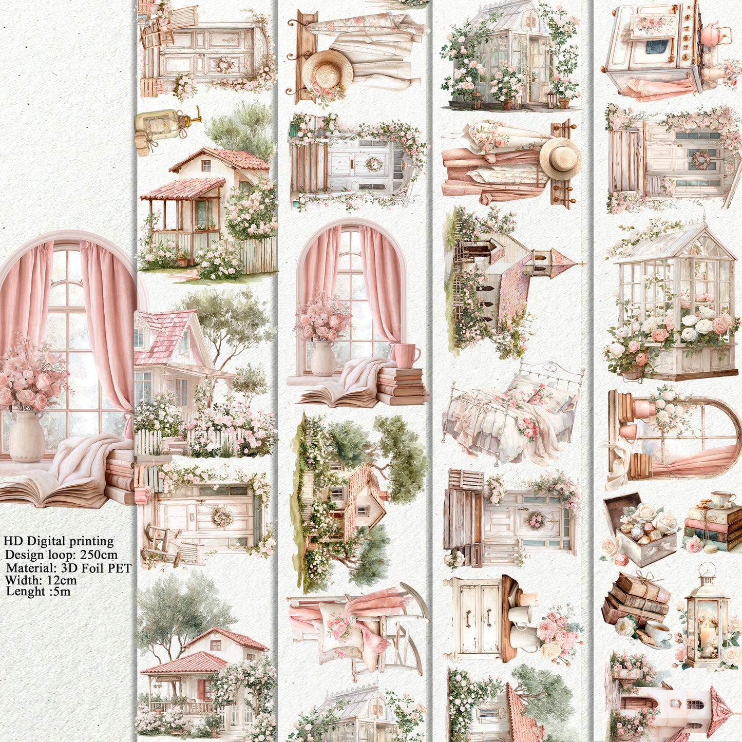 PET 3D raised Spring Landscape 6 tape,one roll fashion, junk journal, scrapbooking,bullet journal, card making.