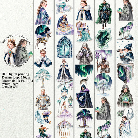 Starlit Tundra Princess and  Aurora Wolf Pack PET 3D raised tape,one roll fashion, junk journal, scrapbooking,bullet journal, card making.