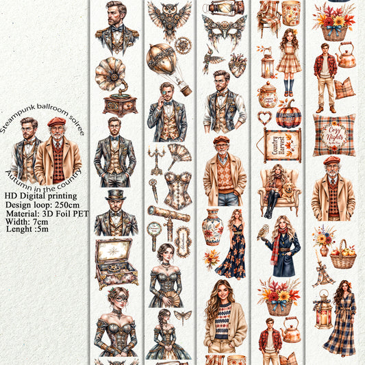PET 3D raised Steampunk ballroom soiree and Autumn in the country tape,one roll fashion, junk journal, scrapbooking,bullet journal, card making.