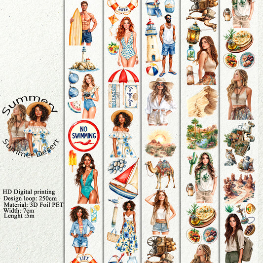 PET 3D raised Summery and Summer Desert tape,one roll fashion, junk journal, scrapbooking,bullet journal, card making.