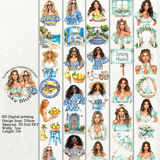 PET 3D raised Sunkissed mediterranean and Sky Blue tape,one roll fashion, junk journal, scrapbooking,bullet journal, card making.