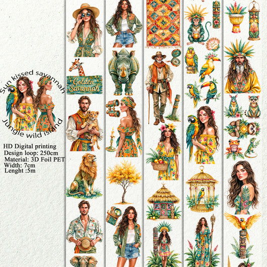 PET 3D raised Sun kissed savannah and Jungle wild island tape,one roll fashion, junk journal, scrapbooking,bullet journal, card making.