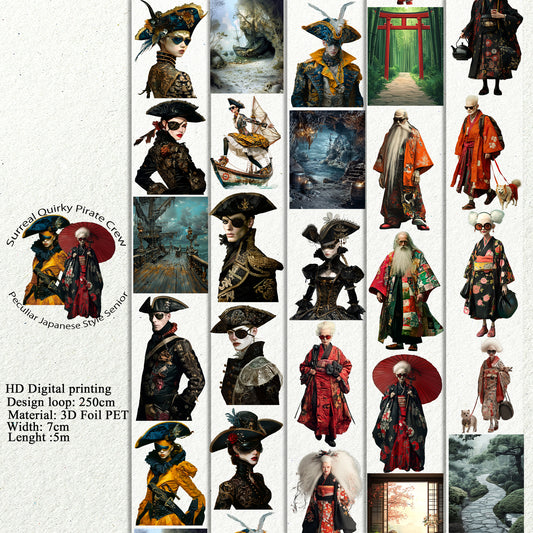PET 3D raised Surreal Quirky Pirate Crew and Peculiar Japanese Style Senior tape,one roll fashion, junk journal, scrapbooking,bullet journal, card making.