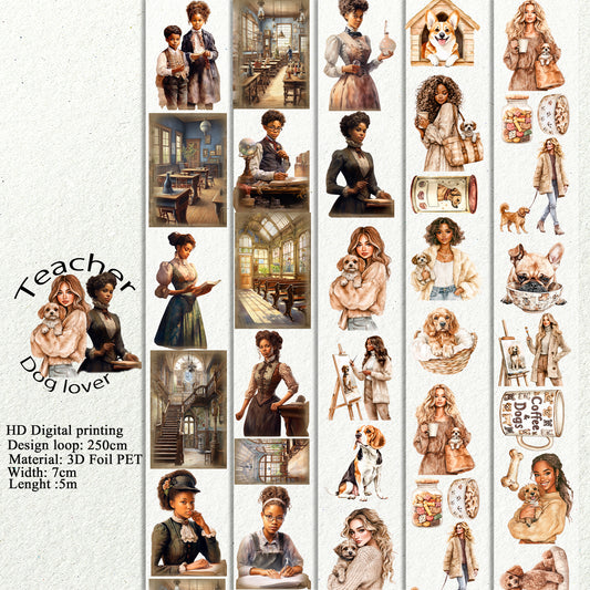 PET 3D raised Teacher and dog lover tape,one roll fashion, junk journal, scrapbooking,bullet journal, card making.