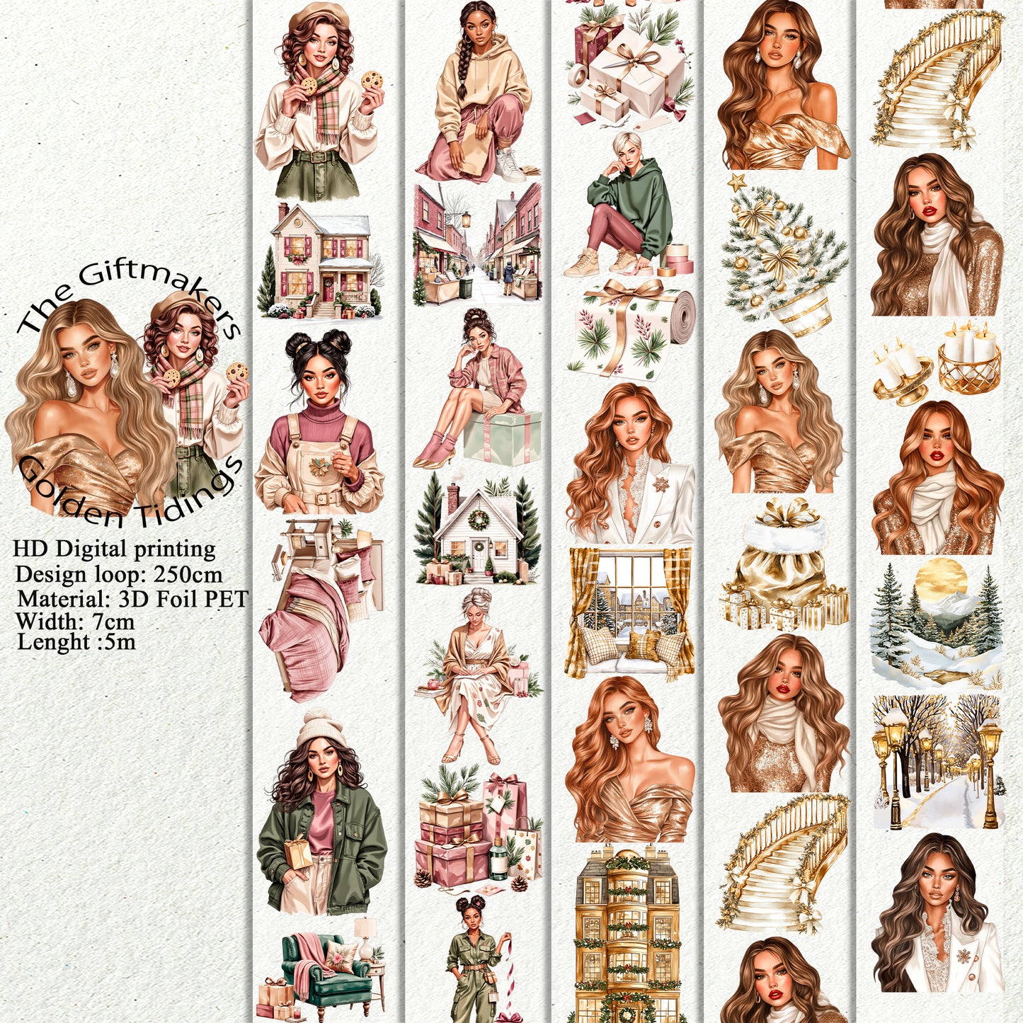 PET 3D raised The Giftmakers and Golden Tidings tape,one roll fashion, junk journal, scrapbooking,bullet journal, card making.