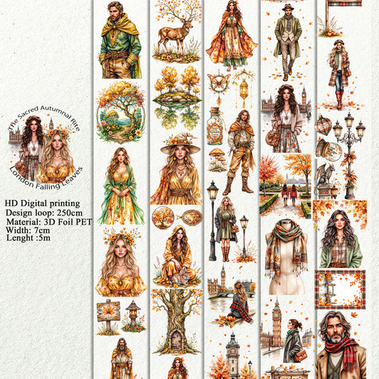 PET 3D raised The Sacred Autumnal Rite and London Falling Leaves tape,one roll fashion, junk journal, scrapbooking,bullet journal, card making.