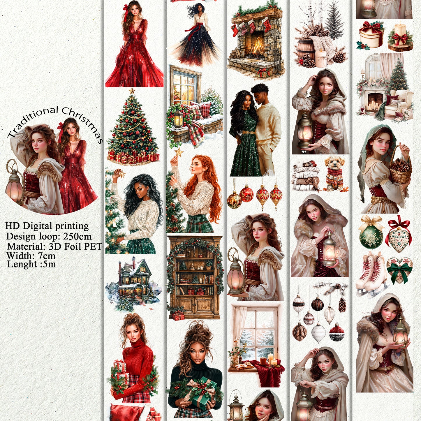 PET 3D raised Traditional Christmas tape,one roll fashion, junk journal, scrapbooking,bullet journal, card making.