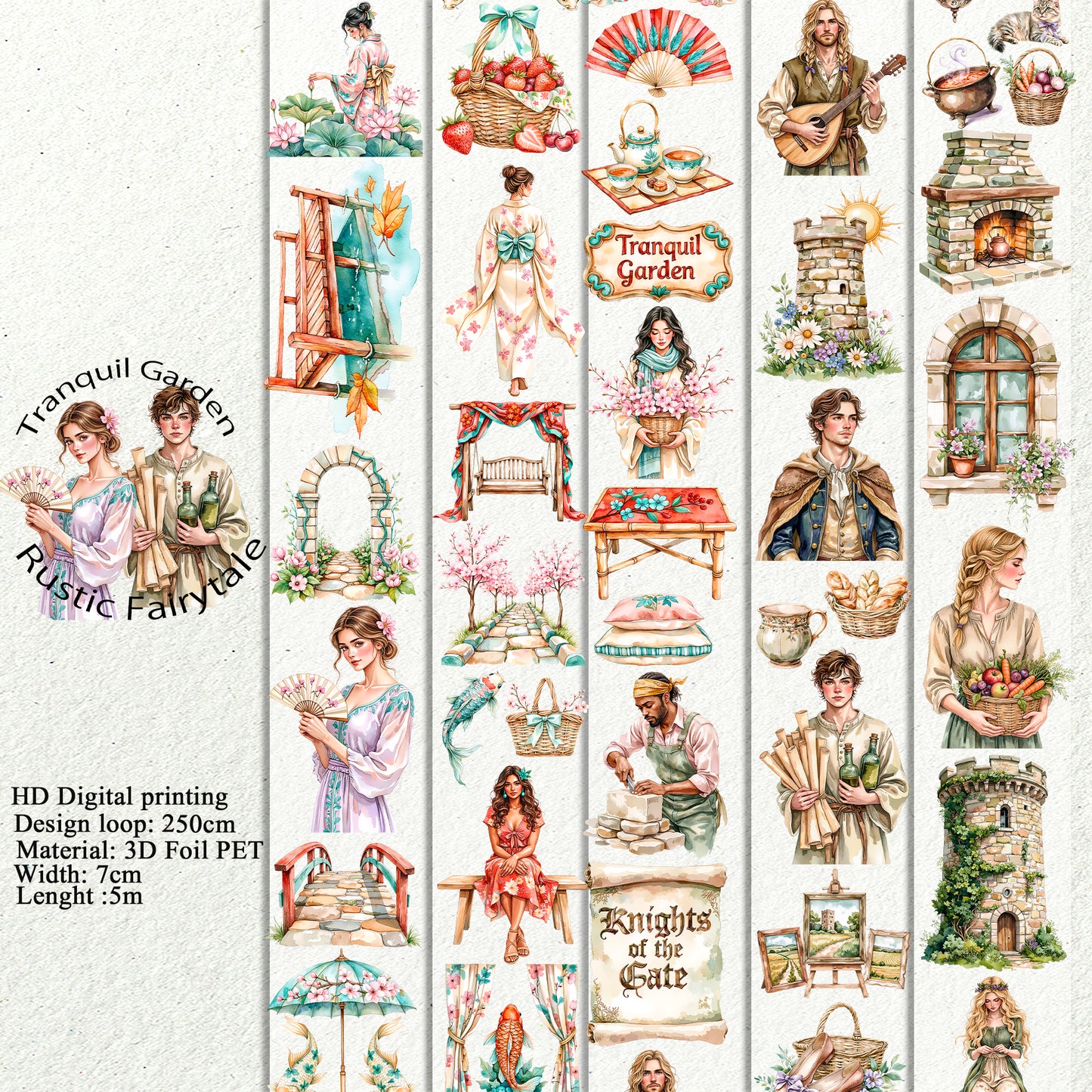 PET 3D raised Tranquil Garden and  Rustic Fairytale tape,one roll fashion, junk journal, scrapbooking,bullet journal, card making.