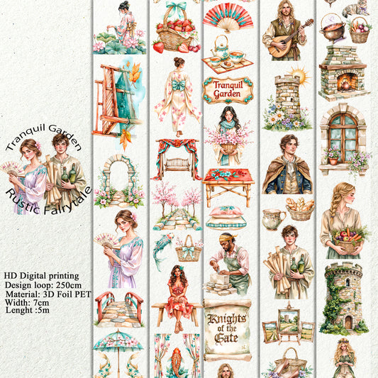 PET 3D raised Tranquil Garden and  Rustic Fairytale tape,one roll fashion, junk journal, scrapbooking,bullet journal, card making.