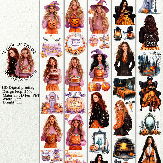 PET 3D raised Trick or treat and Spooky Academia tape,one roll fashion, junk journal, scrapbooking,bullet journal, card making.