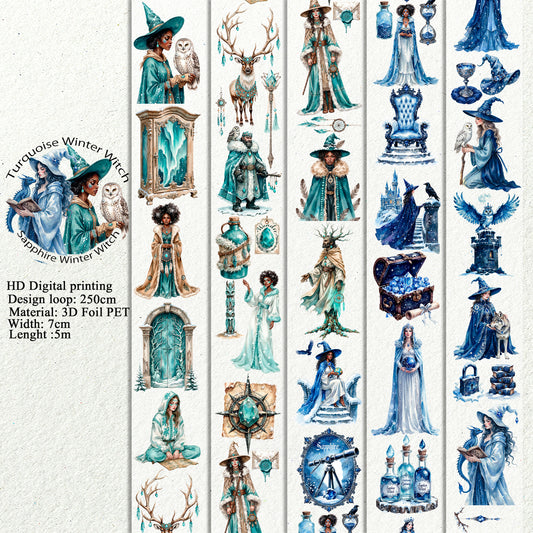 Turquoise Winter Witch and Sapphire Winter Witch PET 3D raised tape,one roll fashion, junk journal, scrapbooking,bullet journal, card making.
