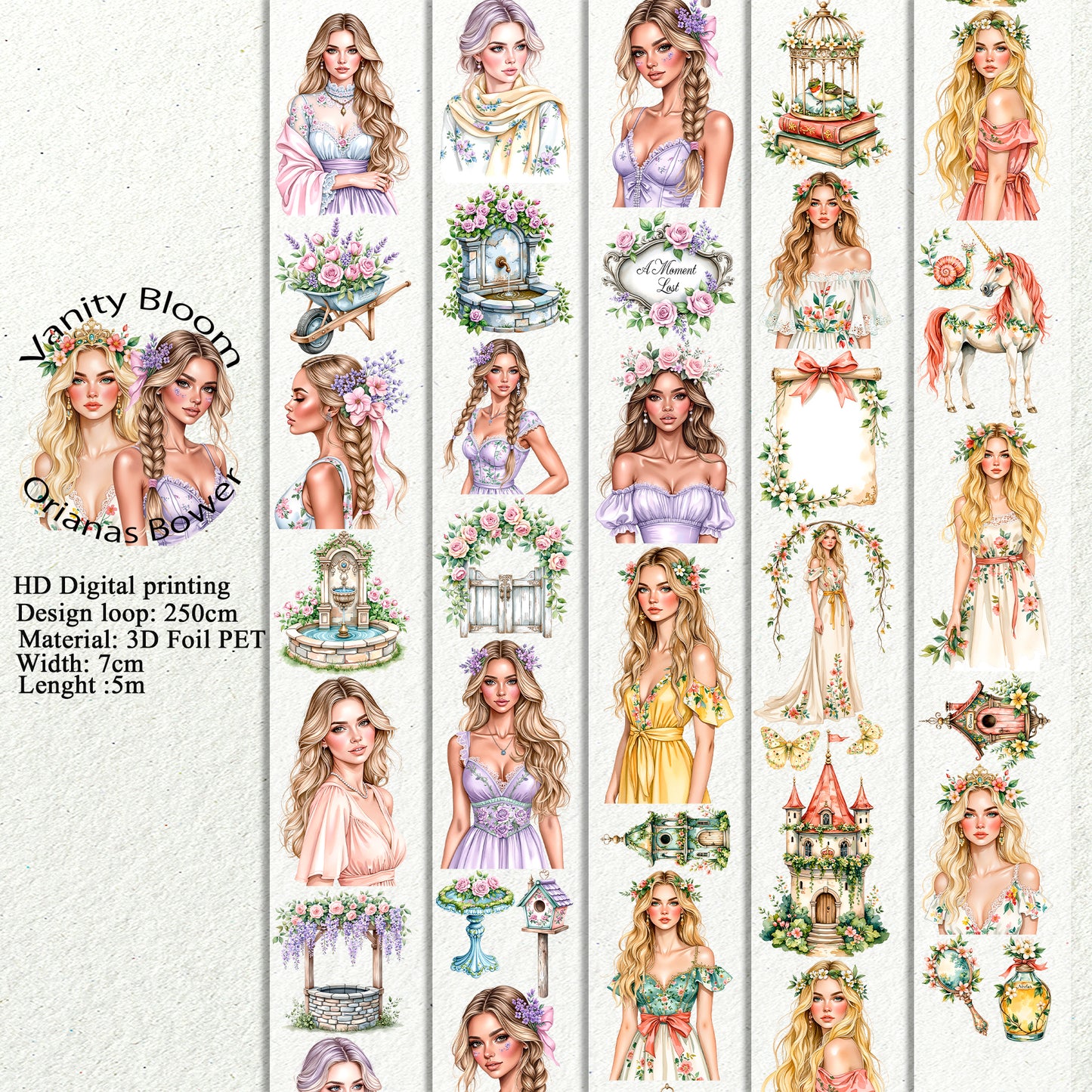 PET Vanity Bloom and Orianas Bower 3D raised tape,one roll fashion, junk journal, scrapbooking,bullet journal, card making.
