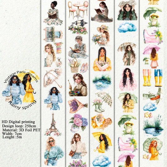 PET 3D raised Vintage Paris dreams and Rainy spring tape,one roll fashion, junk journal, scrapbooking,bullet journal, card making.