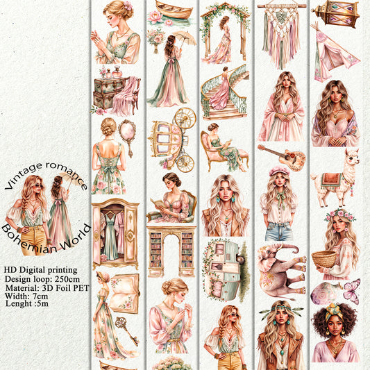 PET 3D raised Vintage romance and Bohemian World tape,one roll fashion, junk journal, scrapbooking,bullet journal, card making.