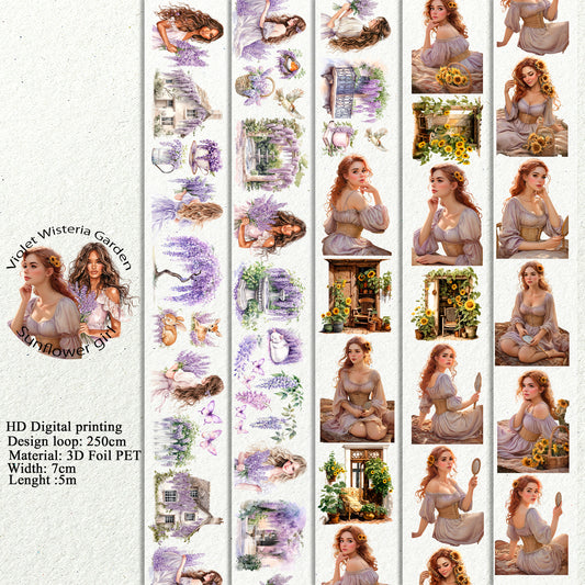 PET 3D raised Violet Wisteria Garden and Sunflower girl tape,one roll fashion, junk journal, scrapbooking,bullet journal, card making.