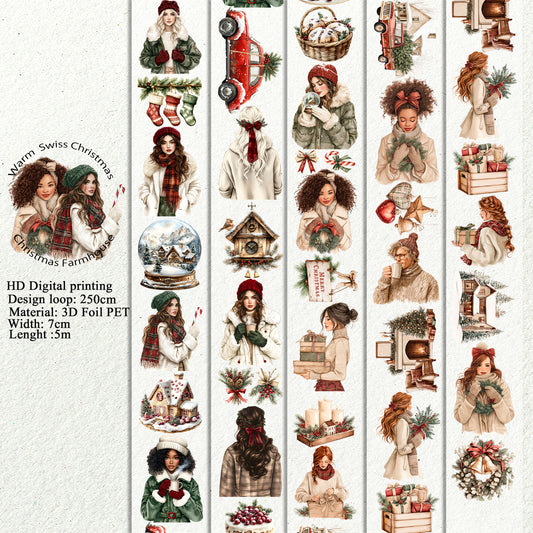 PET 3D raised Warm  Swiss Christmas and Christmas Farmhouse tape,one roll fashion, junk journal, scrapbooking,bullet journal, card making.