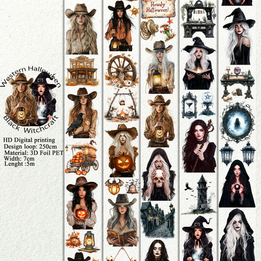 PET 3D raised Western Halloween and Black Witchcraft tape,one roll fashion, junk journal, scrapbooking,bullet journal, card making.