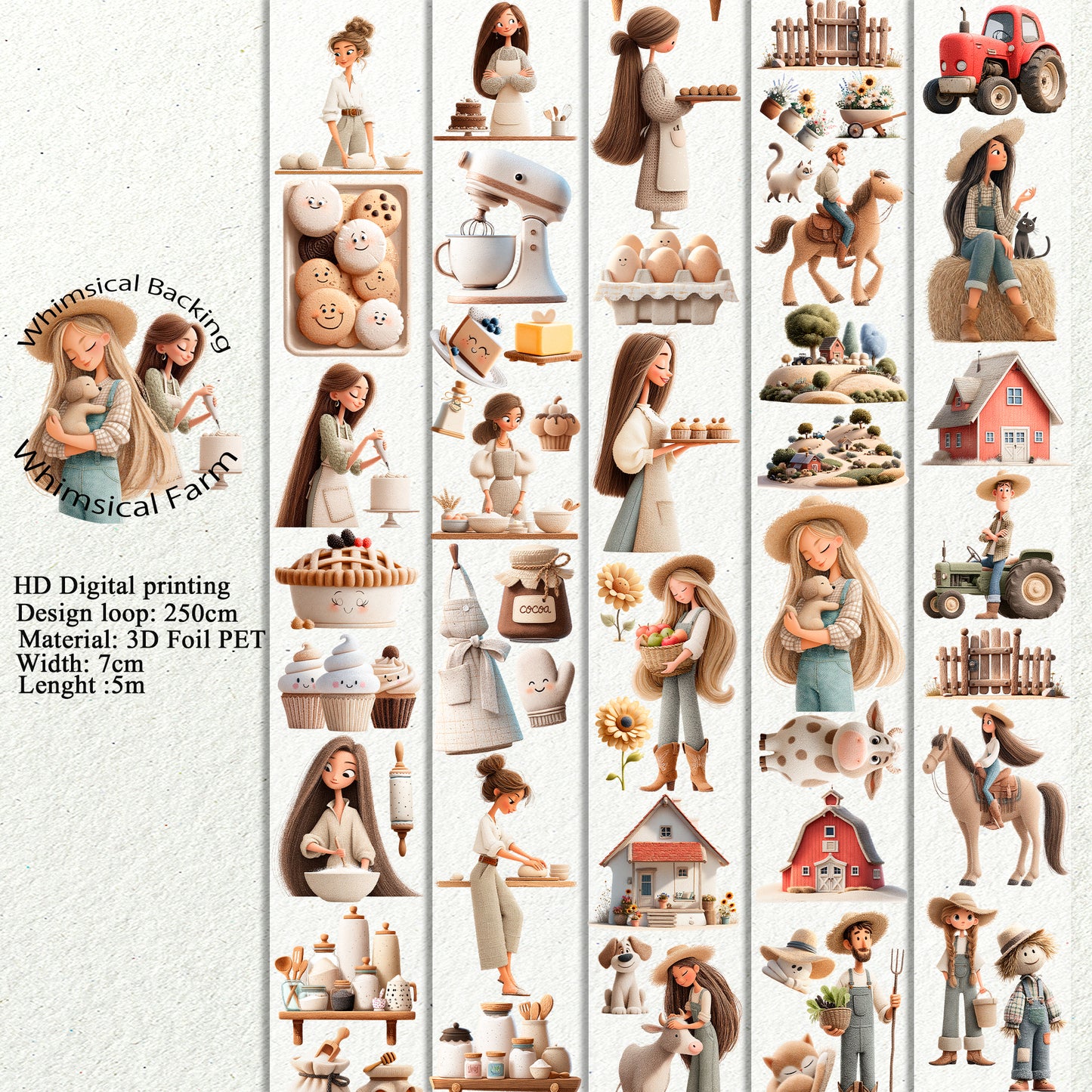 Whimsical Backing and Whimsical Farm PET 3D raised tape,one roll fashion, junk journal, scrapbooking,bullet journal, card making.