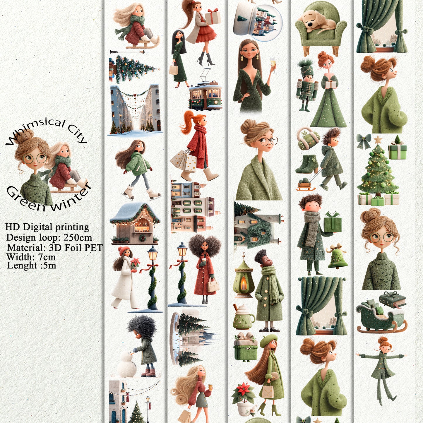 PET 3D raised Whimsical City  and Green winter tape,one roll fashion, junk journal, scrapbooking,bullet journal, card making.