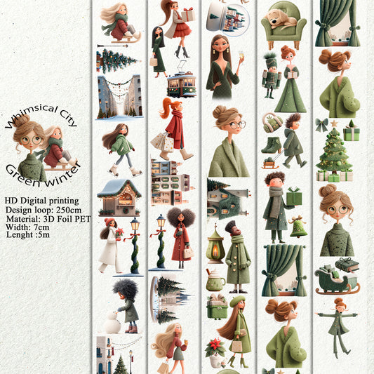 PET 3D raised Whimsical City  and Green winter tape,one roll fashion, junk journal, scrapbooking,bullet journal, card making.
