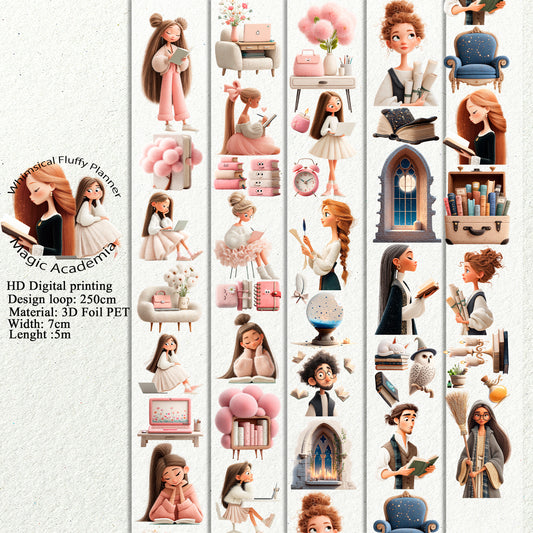 PET 3D raised Whimsical Fluffy Planner and Magic Academia tape,one roll fashion, junk journal, scrapbooking,bullet journal, card making.