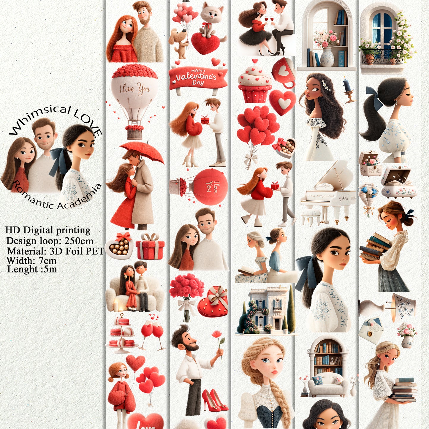 PET 3D raised Whimsical LOVE and Romantic Academia ape,one roll fashion, junk journal, scrapbooking,bullet journal, card making.