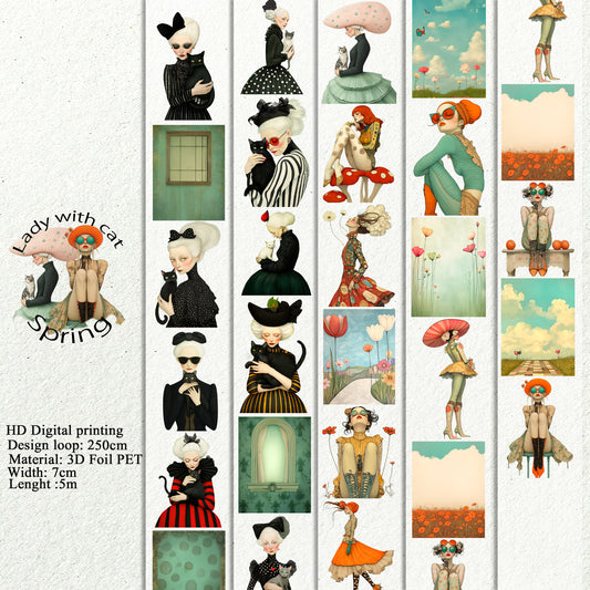 PET 3D raised Whimsical Lady with cat and Spring tape,one roll fashion, junk journal, scrapbooking,bullet journal, card making.