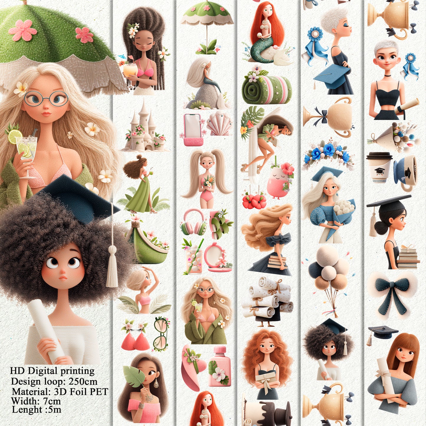 Whimsical Seaside Summer and Graduation PET 3D raised tape