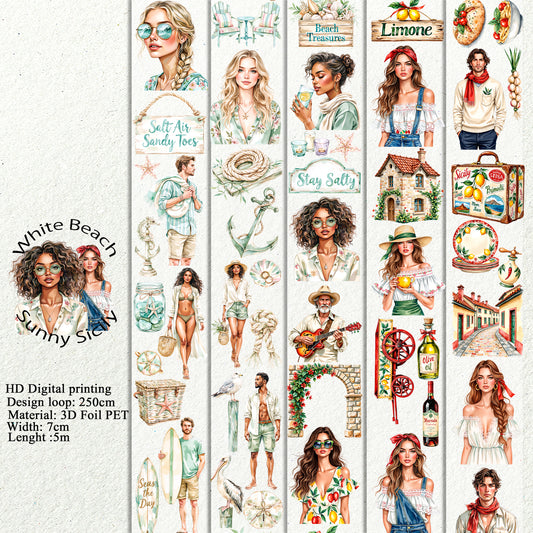 PET 3D raised White Beach and Sunny Sicily tape,one roll fashion, junk journal, scrapbooking,bullet journal, card making.