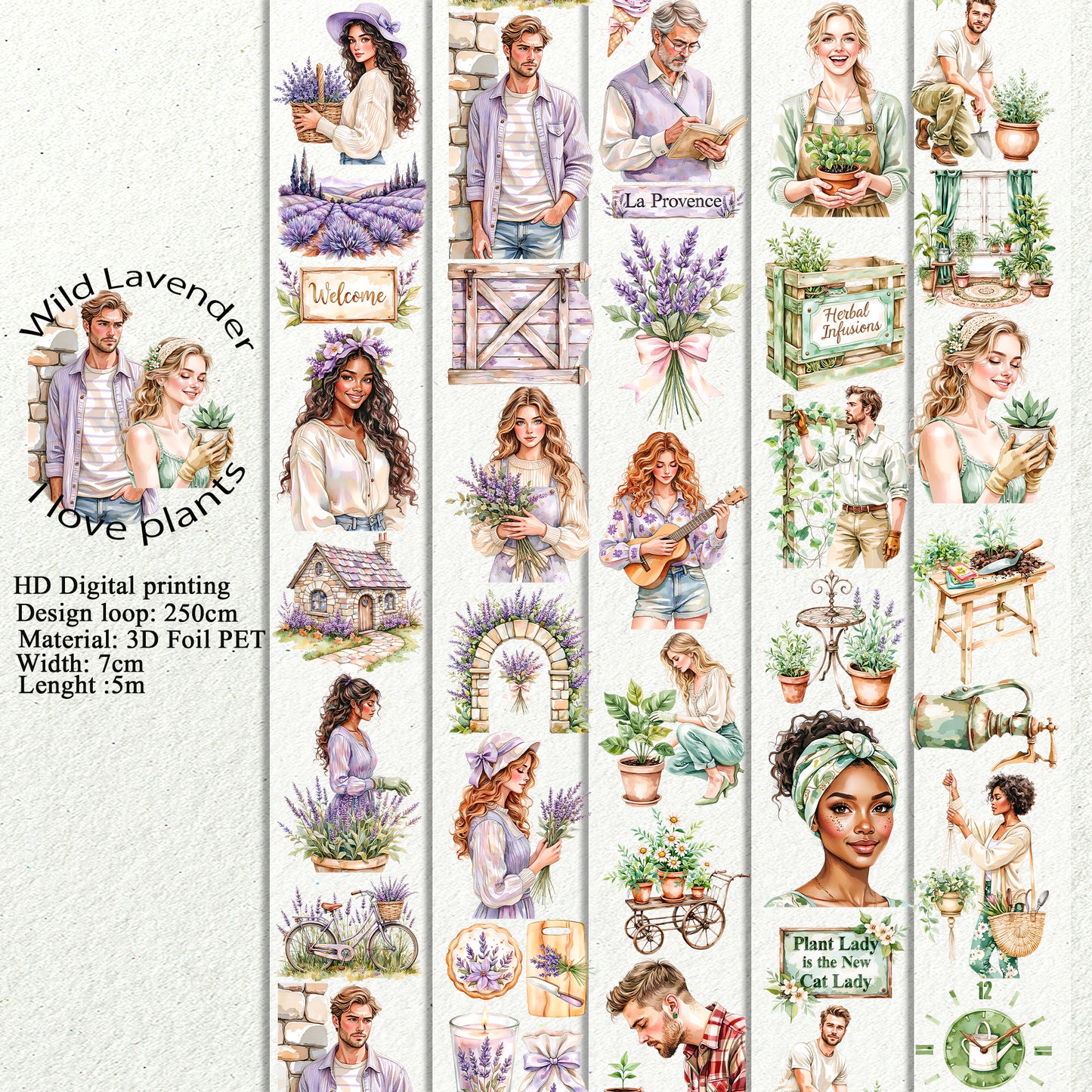 PET 3D raised Wild Lavender and I love plants tape,one roll fashion, junk journal, scrapbooking,bullet journal, card making.