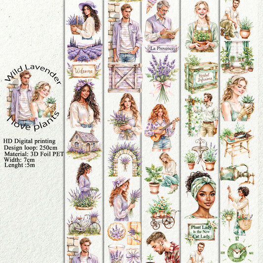 PET 3D raised Wild Lavender and I love plants tape,one roll fashion, junk journal, scrapbooking,bullet journal, card making.