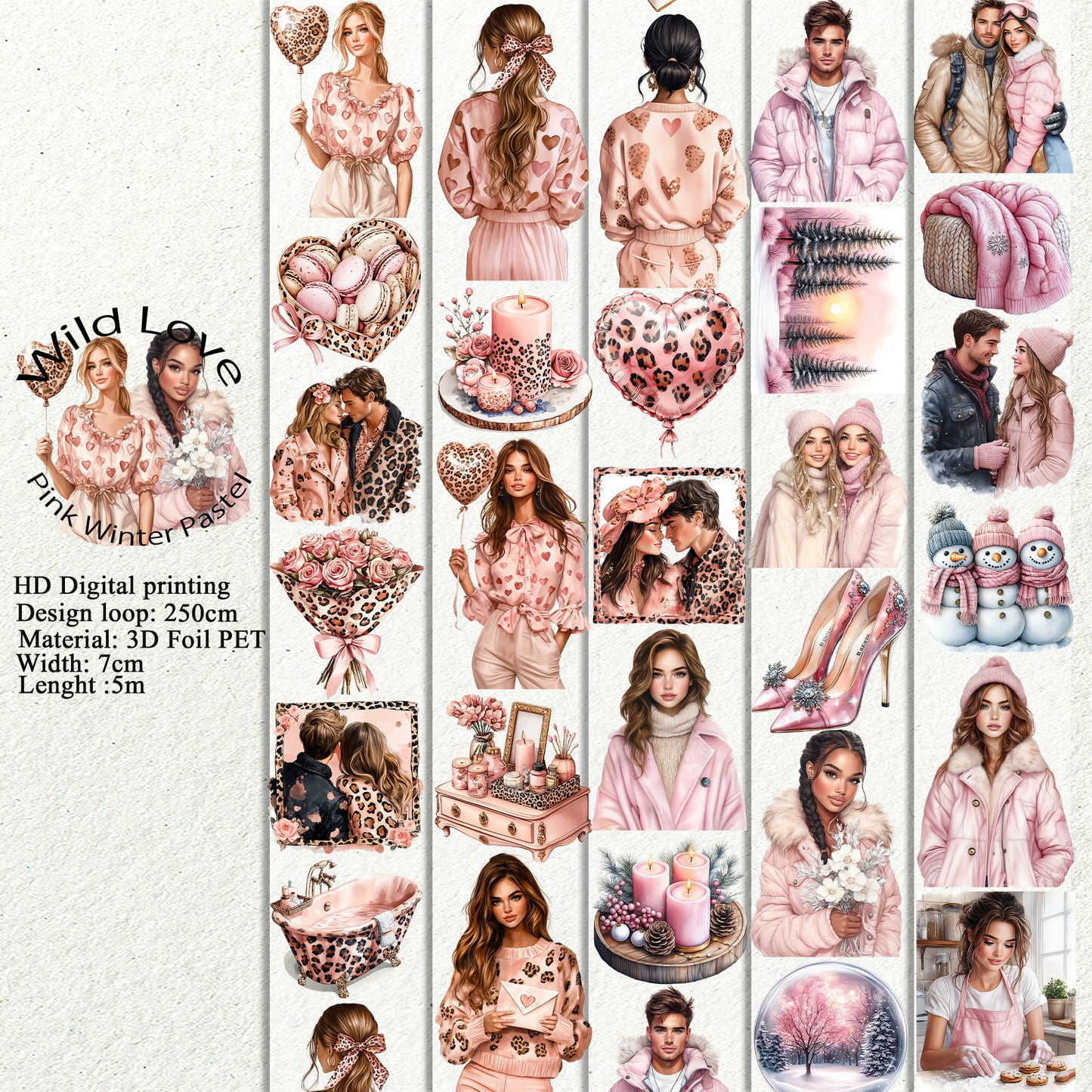 PET 3D raised Wild Love and Pink Winter Pastel tape,one roll fashion, junk journal, scrapbooking,bullet journal, card making.