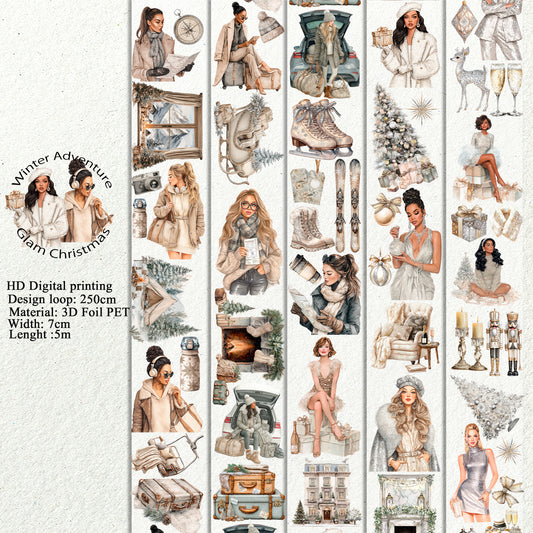 PET 3D raised Winter Adventure and Glam Christmas tape,one roll fashion, junk journal, scrapbooking,bullet journal, card making.