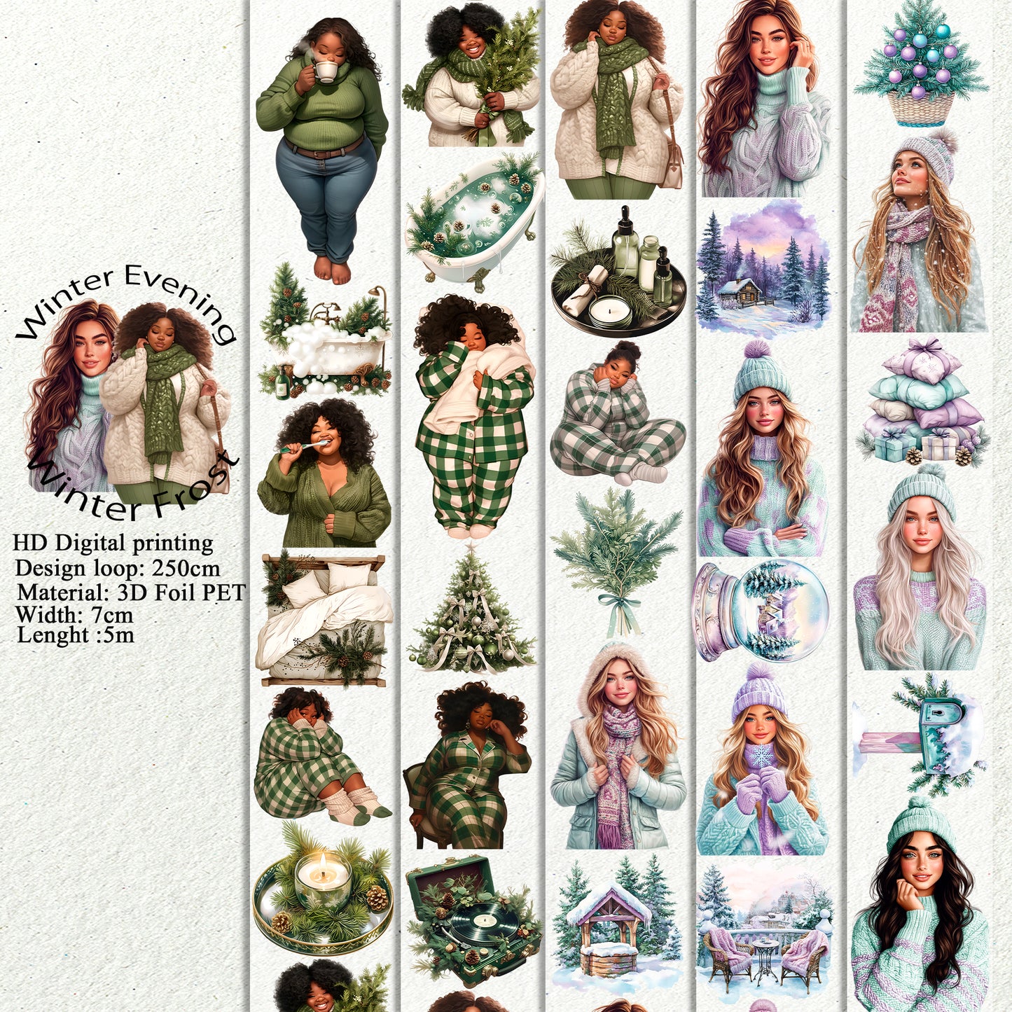 PET 3D raised Winter Evening and Winter Frost tape,one roll fashion, junk journal, scrapbooking,bullet journal, card making.