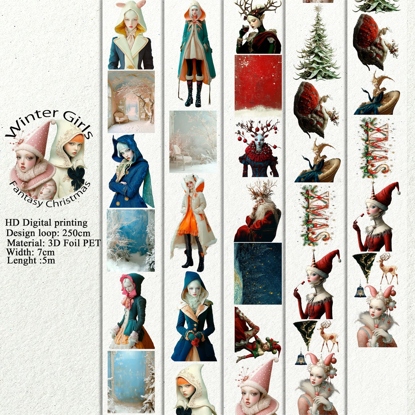 PET 3D raised Winter Girls and Fantasy Christmas tape,one roll fashion, junk journal, scrapbooking,bullet journal, card making.