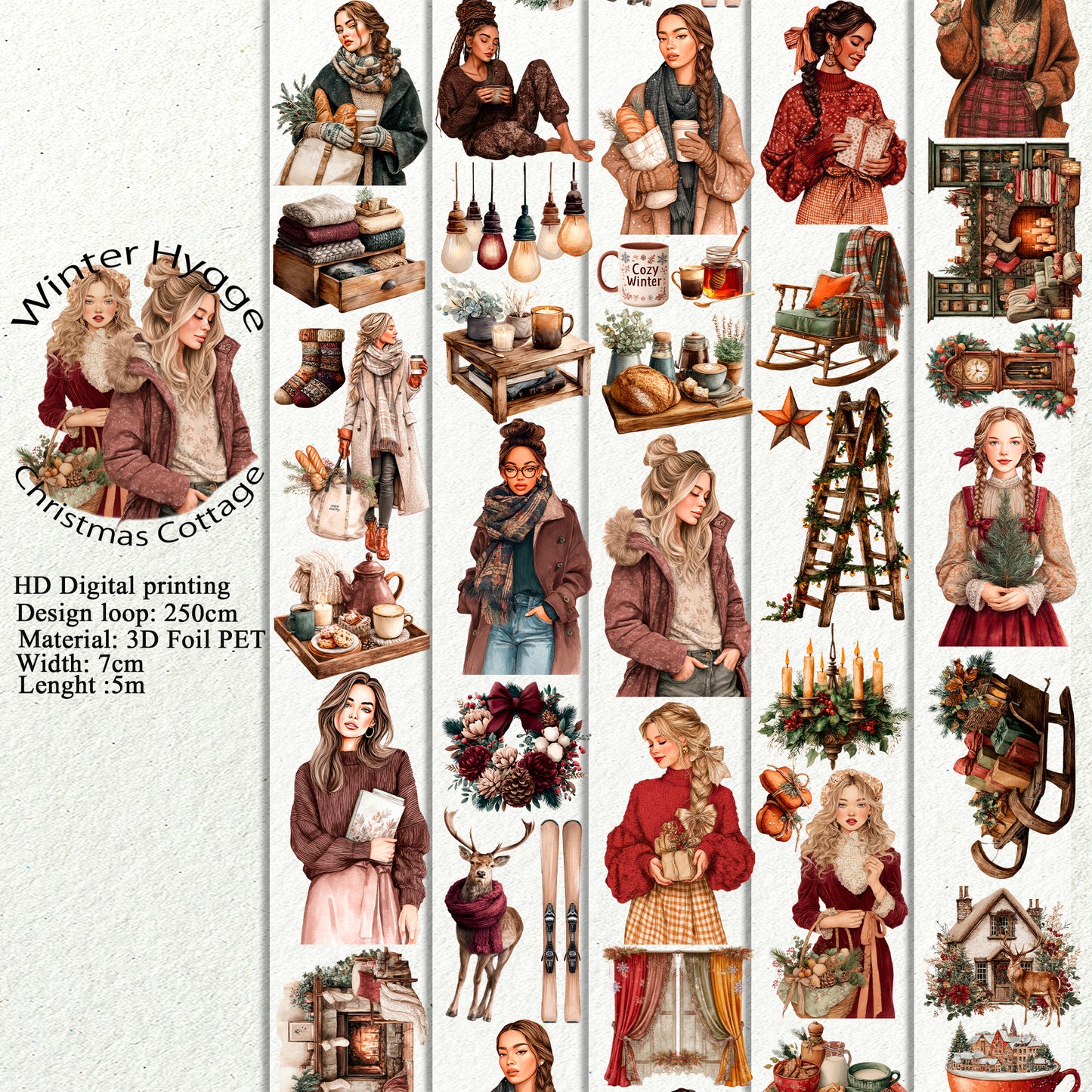 PET 3D raised Winter Hygge and Christmas Cottage tape,one roll fashion, junk journal, scrapbooking,bullet journal, card making.