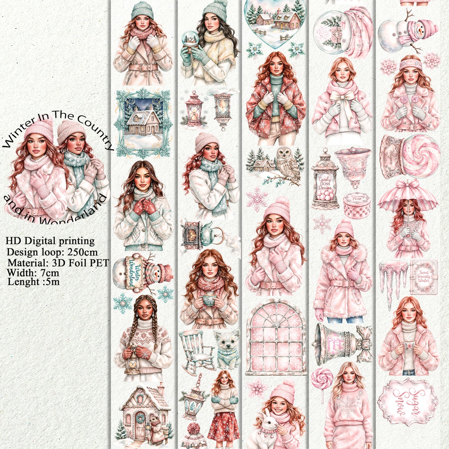 PET 3D raised Winter In The Country and in Wonderland tape,one roll fashion, junk journal, scrapbooking,bullet journal, card making.