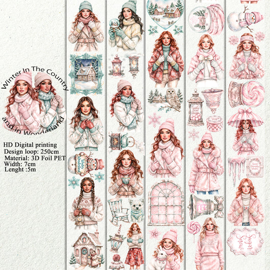 PET 3D raised Winter In The Country and in Wonderland tape,one roll fashion, junk journal, scrapbooking,bullet journal, card making.
