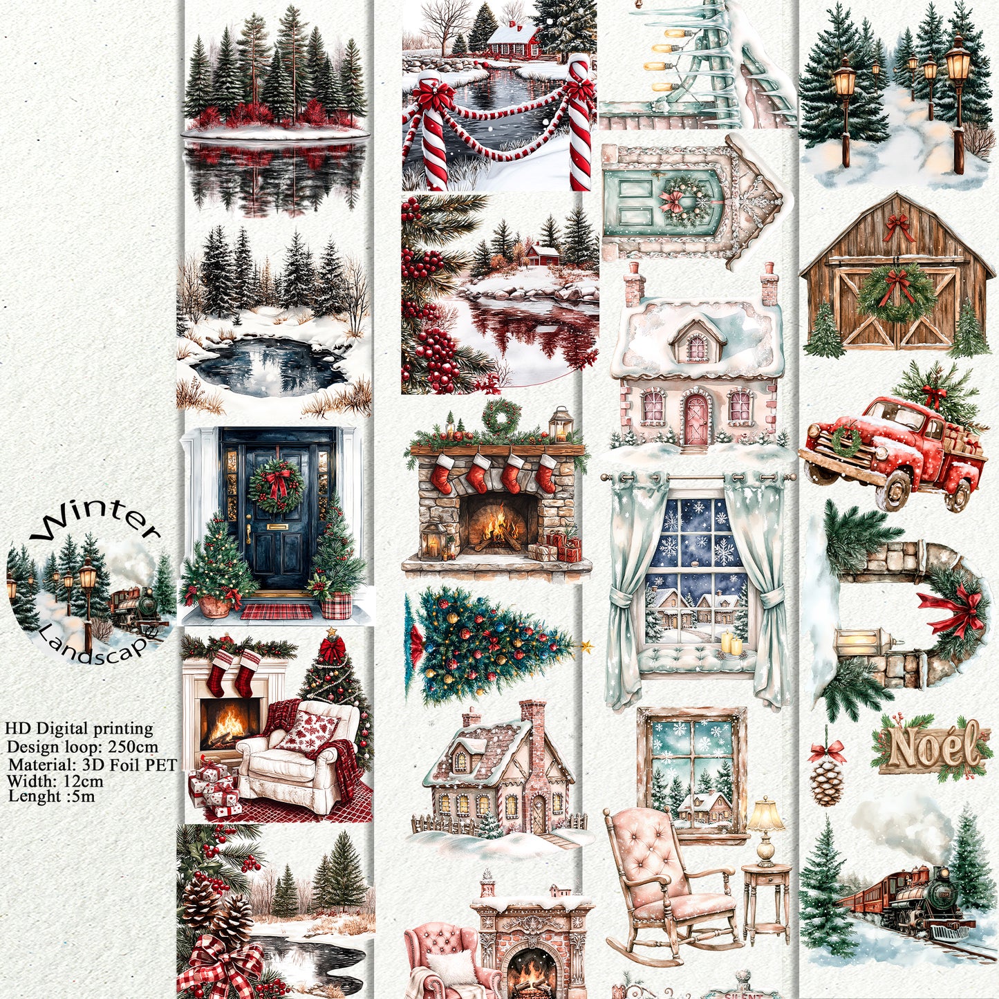 PET 3D raised Winter Landscape tape,one roll fashion, junk journal, scrapbooking,bullet journal, card making.