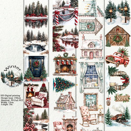 PET 3D raised Winter Landscape tape,one roll fashion, junk journal, scrapbooking,bullet journal, card making.