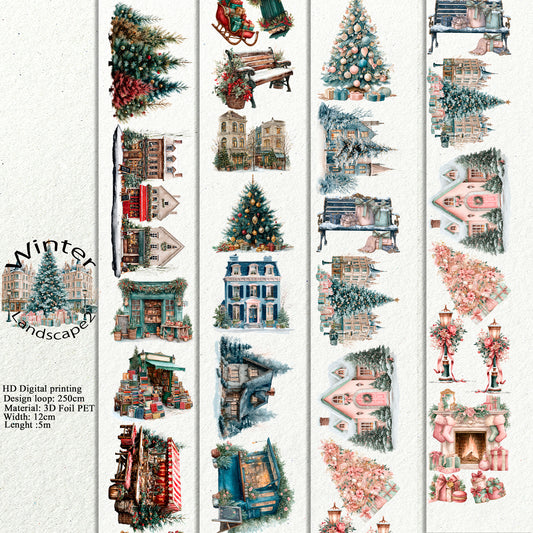 PET 3D raised Winter Landscape2 tape,one roll fashion, junk journal, scrapbooking,bullet journal, card making.